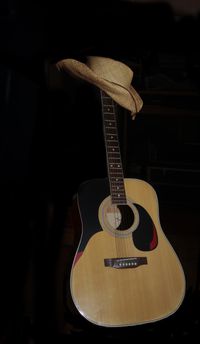 Acoustic guitar with a hat, photo by Pixabay on Pexels