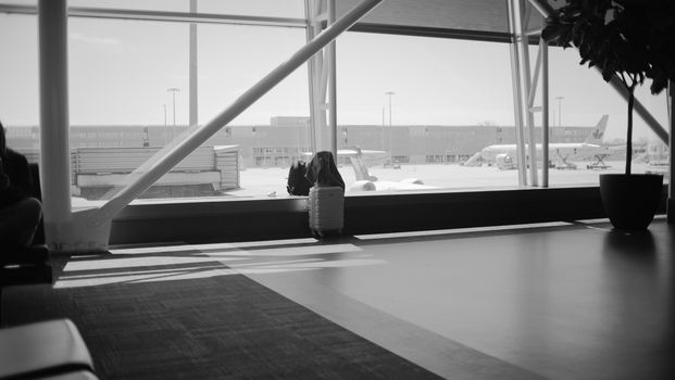Minimalistic black and white view of an airport lounge with luggage and plane outside.