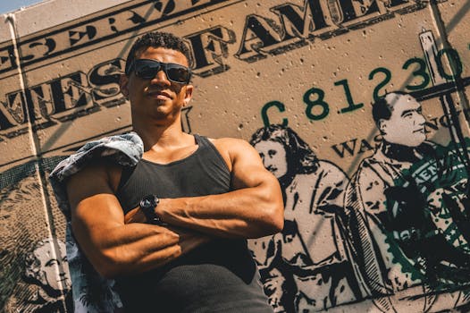 夏天，戴太阳镜的时髦人士自信地倚靠在涂鸦覆盖的墙边摆姿势