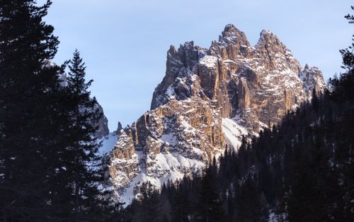 Free Breathtaking view of the majestic Dolomite mountains during winter, framed by evergreen trees. Stock Photo