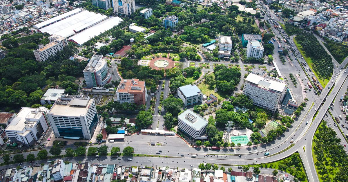 aerial view of barracks newtown ho ghana with modern buildings and green spaces