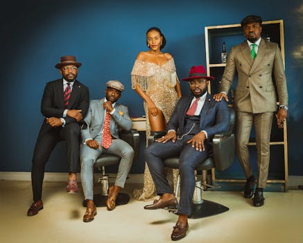 Diverse group of well-dressed individuals posing in formal wear in a stylish studio setting.