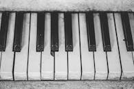 经典的黑白特写展示了复古钢琴键，呈现古董乐器的韵味