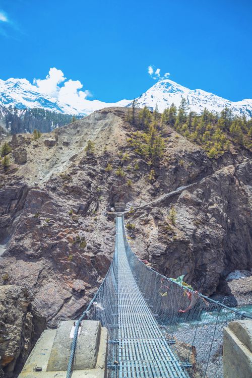 Free A scenic view of a hanging bridge leading to snowcapped mountains in Manang, Nepal. Stock Photo