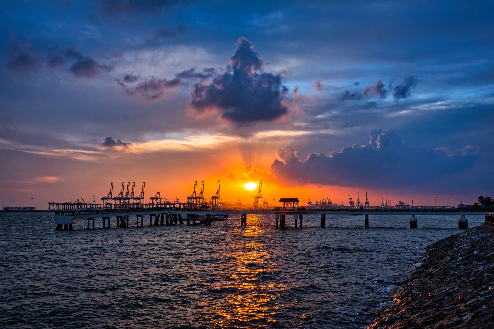 Singapore skyline and harbour at dusk