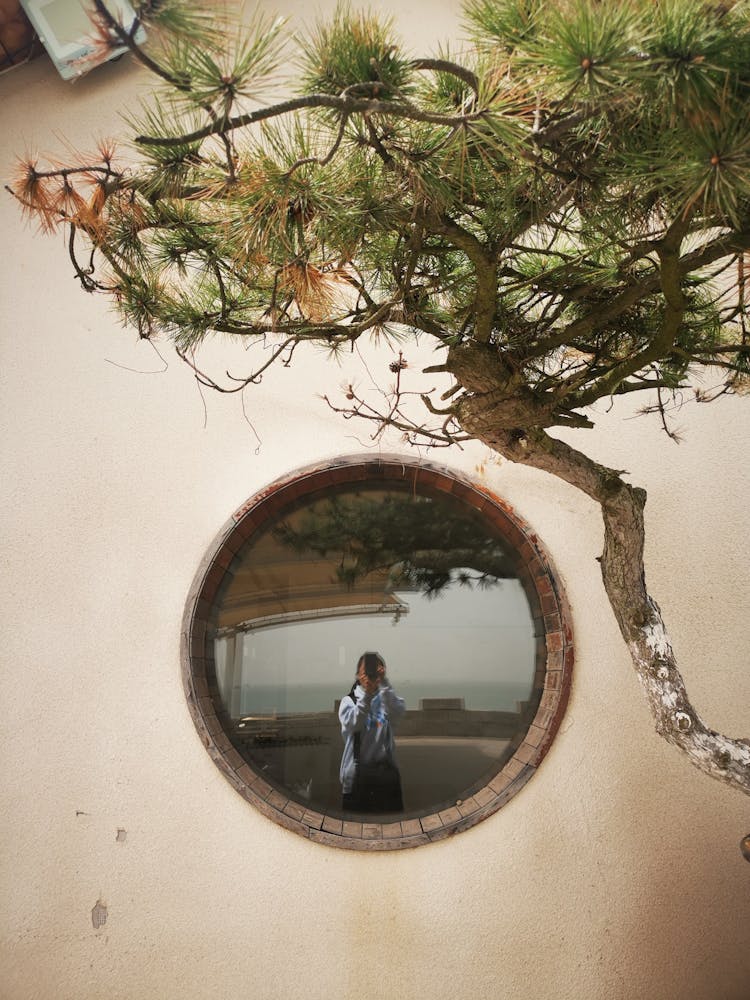 Woman Taking Picture In Round Window On House Wall