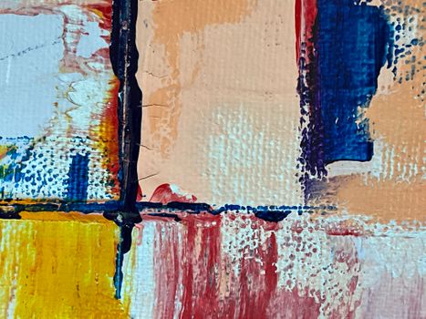Colorful abstract painting with geometric patterns, showcasing vibrant colors and textures.