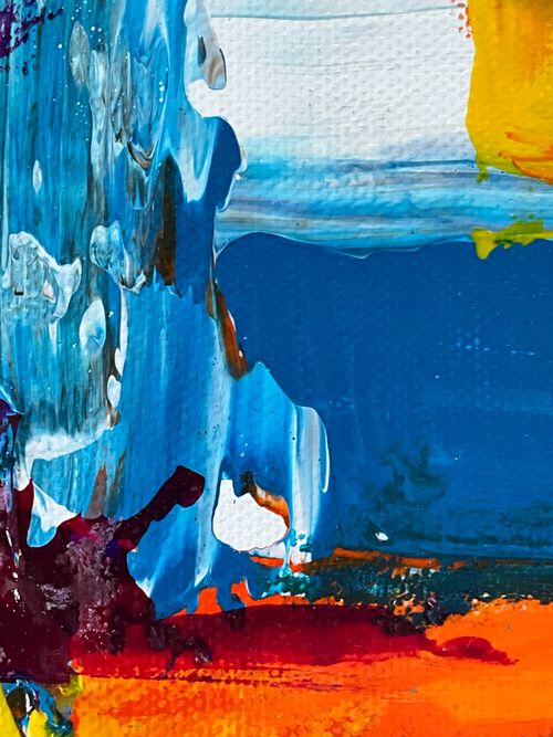 Free Dynamic abstract acrylic painting featuring bold blue, red, and orange tones, perfect for modern decor. Stock Photo