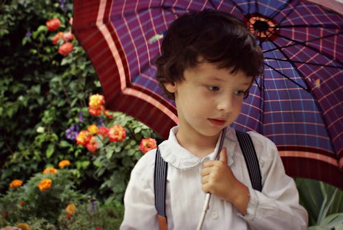 Boy Holding Purple Umbrella