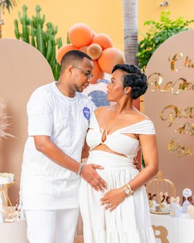 A loving couple embracing during a joyful outdoor celebration, expecting a baby.