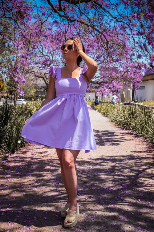 Free Woman in a purple dress enjoying spring under blooming jacaranda trees. Stock Photo