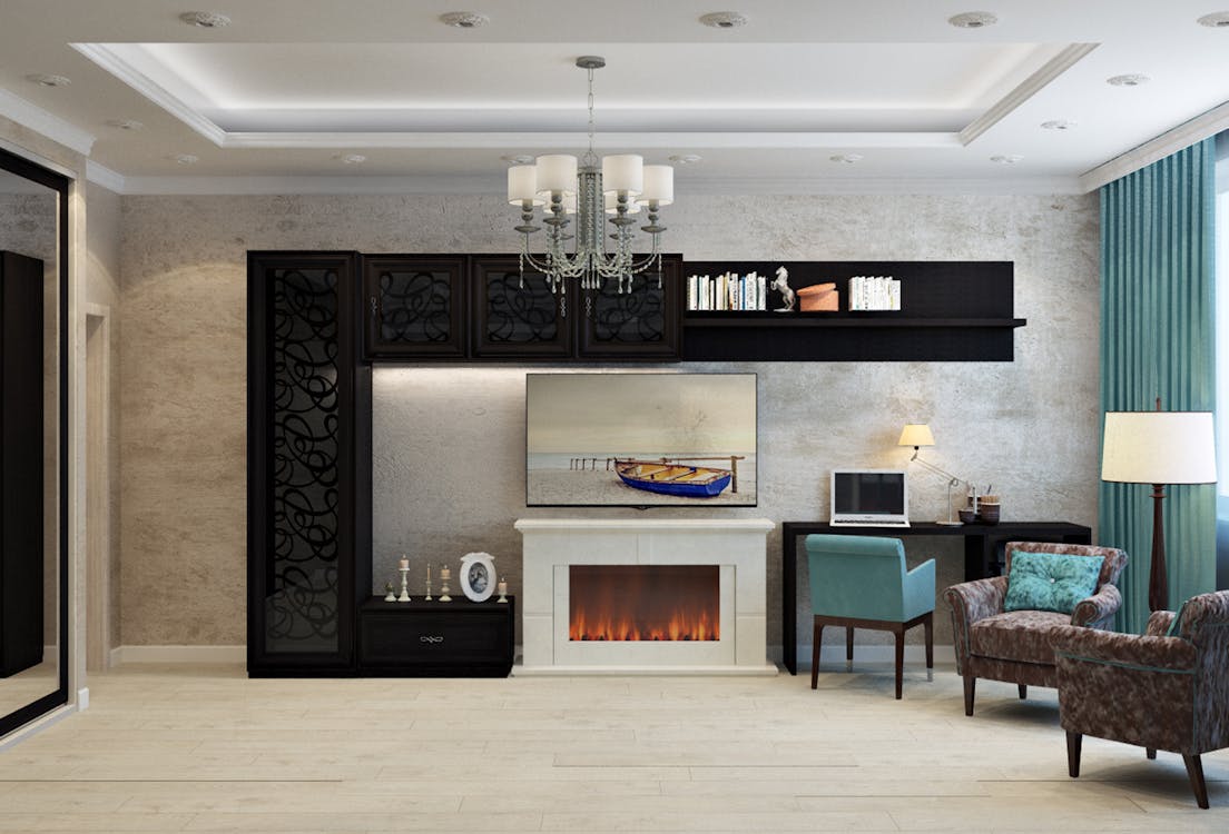 a living room with a contemporary fireplace design