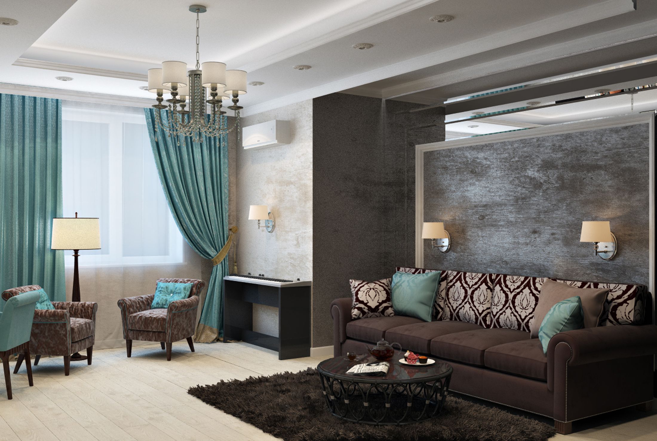 Refined living room with a caramel sofa and sculptural coffee table