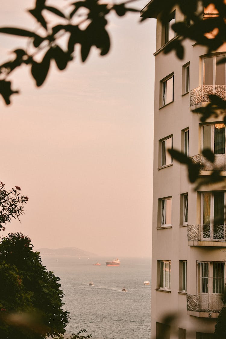 Bosporus Strait Behind Apartment Building In Istanbul, Turkey