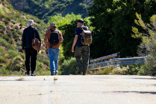 Male Hikers Walking Together along a Road