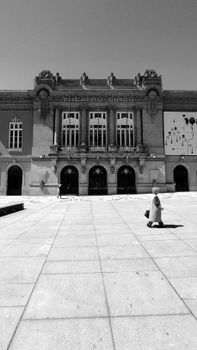 Monochrome view of the iconic Theatre Circo facade in Braga, Portugal.