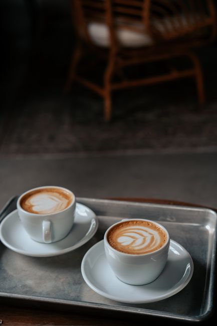 Close-up of two elegant latte art cups placed on a metal tray in a cozy cafe setting.