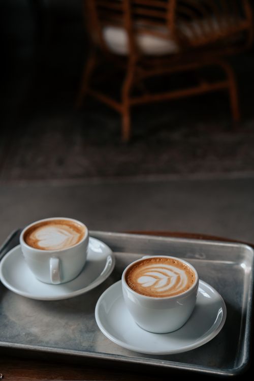 Free Close-up of two elegant latte art cups placed on a metal tray in a cozy cafe setting. Stock Photo