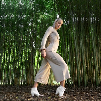 竹林中的优雅女子，将时尚与自然融为一体