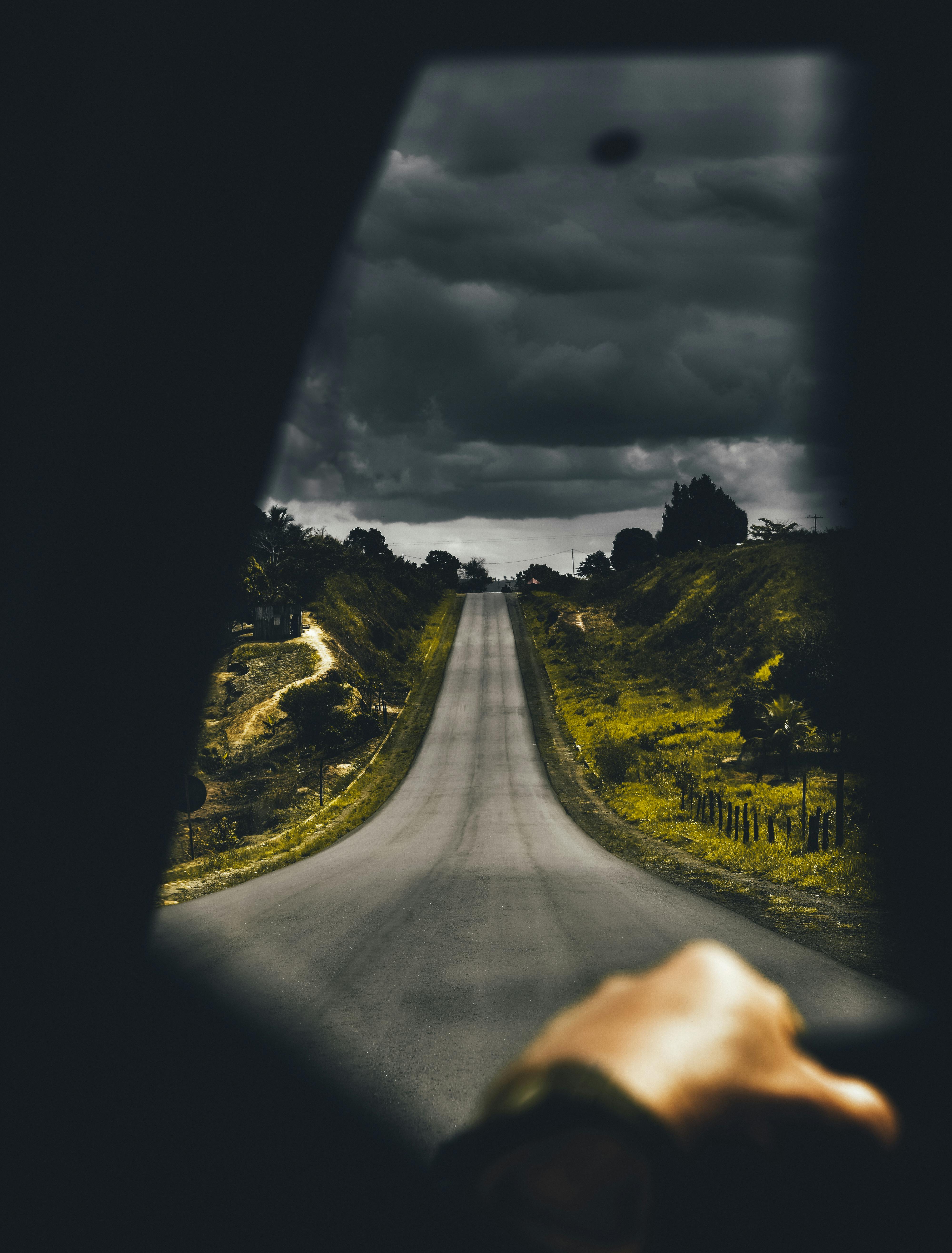 highway near trees under cloudy sky