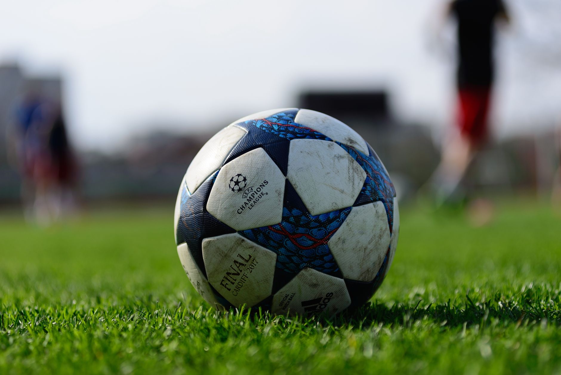Focus on a soccer ball resting on a vibrant green sports field under daylight.