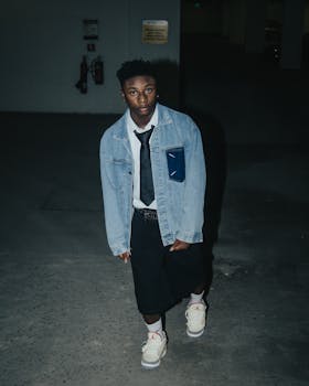 Fashion-forward teenager posing confidently in a denim jacket and sneakers during nighttime.