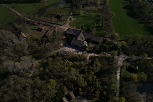 Free Aerial view of the Biskupin archaeological site in Poland, showcasing ancient village structures. Stock Photo