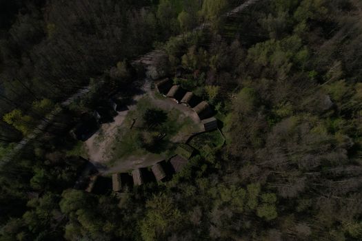 Aerial photograph of the reconstructed Bronze Age village in Biskupin, Poland.