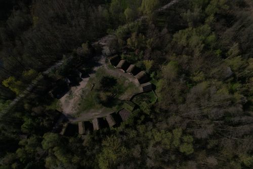 Free Aerial photograph of the reconstructed Bronze Age village in Biskupin, Poland. Stock Photo