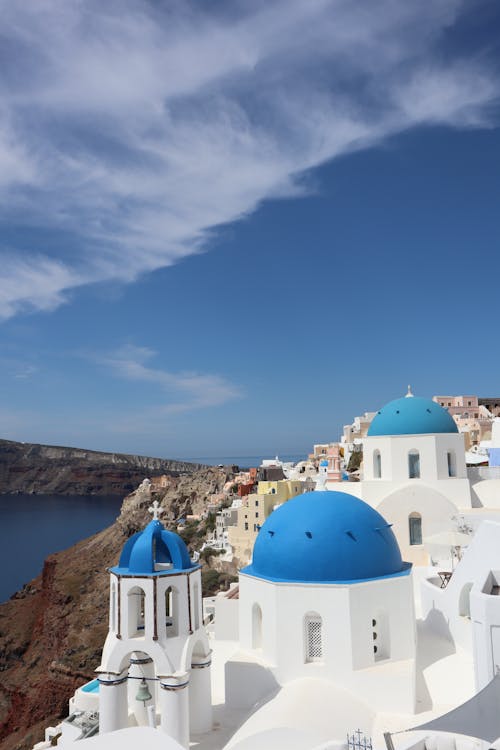 Aerial View of the Blue Domed Church in Santorini, Greece 