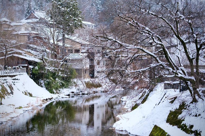冬の高山の川と町並み