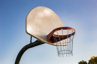 晴朗的蓝天下，户外篮球篮的链网映衬着低角度视角