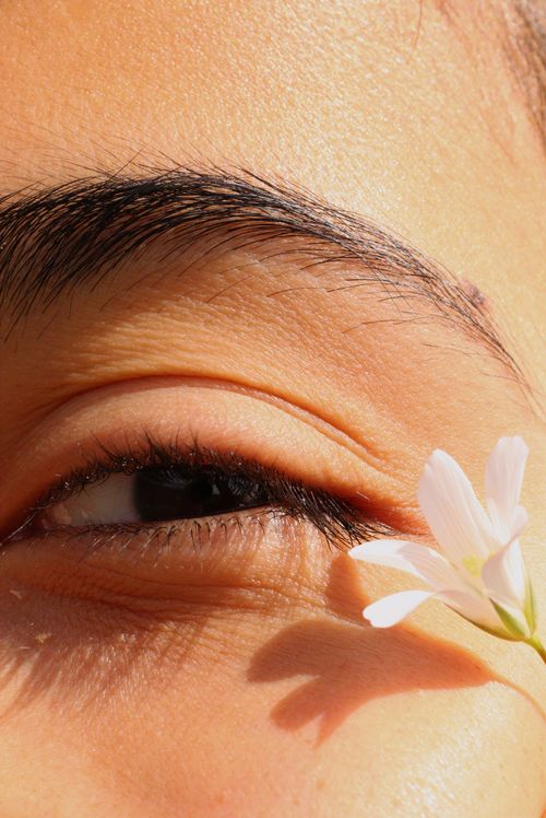 Free An artistic close-up of a woman's face highlighting her eye with a delicate white flower. Stock Photo