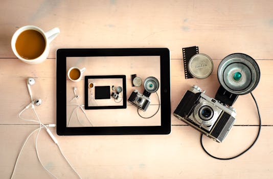 Flat lay of vintage camera, tablet, and coffee on a wooden desk.