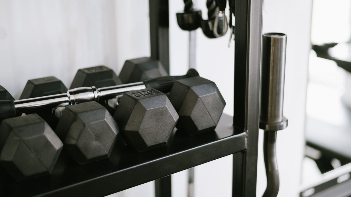 Close-up of gym equipment including dumbbells on a storage rack, perfect for fitness-themed uses.