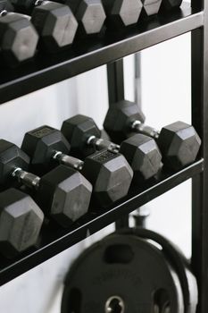 Black hex dumbbells neatly arranged on gym shelves for strength training. Perfect for fitness enthusiasts.