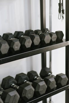 Organized hexagonal dumbbells stacked on a sturdy rack in a modern gym setting.