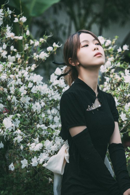Free A portrait of a woman in a black dress surrounded by white flowers outdoors. Stock Photo