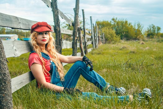 一位金发女子身着休闲装，坐在乡村的篱笆旁