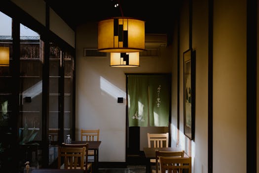 Warm and inviting Japanese cafe interior featuring wooden chairs and traditional decor.