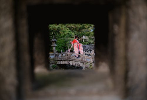 Woman in Traditional Dress Seen Through Window