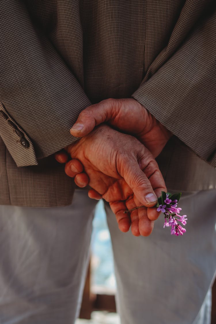 Back View Of A Senior Man Holding Flower In Hand