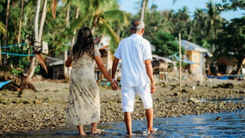 Back View of a Senior Couple Walking on a Beach Holding Hands