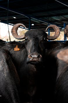 Close-up of a water buffalo standing in a dairy farm, showcasing its horns and ear tag.