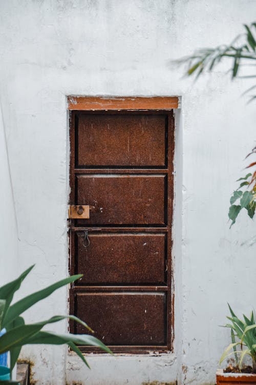 Old, Brown Door in a Concrete Building 