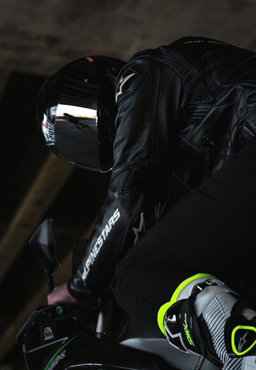Biker in Helmet and Leather Jacket on Motorcycle