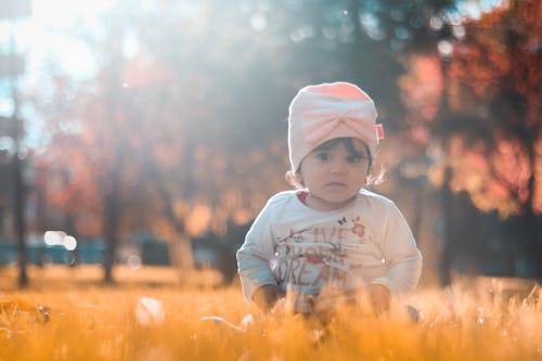 草の上に座っている幼児の写真