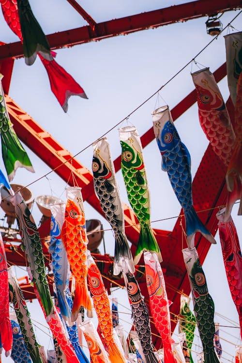 Free Koi-Nobori - Fish Windsocks Attached to the Tokyo Tower to Celebrate Tango No Sekku - Childrens Day in Japan  Stock Photo