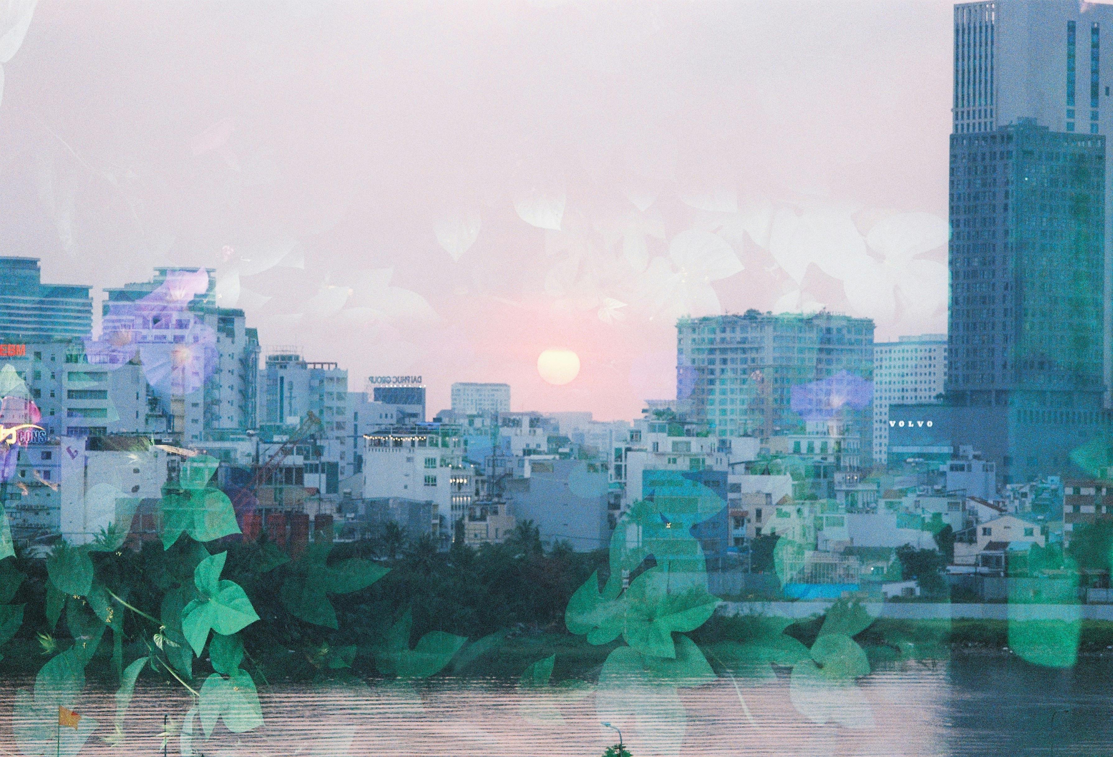 Double exposure photograph featuring a modern urban skyline with green foliage at sunset, highlighting city life and nature.