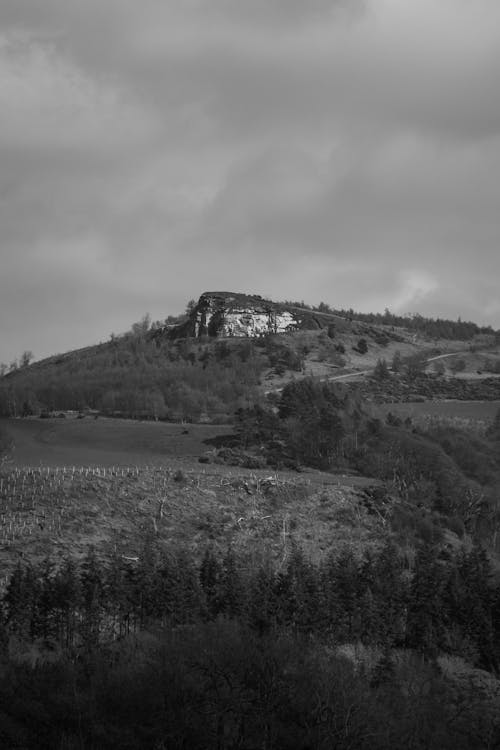 Black and White Photo of Old Ruin on the Hill 